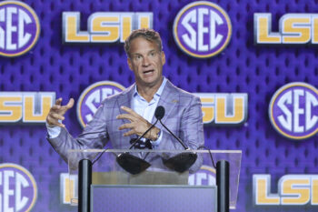 Jul 23, 2026; Tampa, FL, USA; LSU Tigers head coach Lane Kiffin speaks to the press during SEC Football Kickoff Media Day at the Tampa Marriott. Mandatory Credit: Nathan Ray Seebeck-Imagn Images