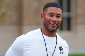 Head coach Marcus Freeman walks to a Notre Dame football practice at Irish Athletic Center on Thursday, Aug. 6, 2026, in South Bend.