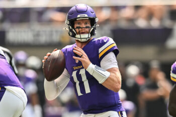Aug 22, 2026; Minneapolis, Minnesota, USA;  Minnesota Vikings quarterback Carson Wentz (11) looks to throws a pass against the Baltimore Ravens during the second quarter at U.S. Bank Stadium.  Mandatory Credit: Jeffrey Becker-Imagn Images