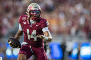 Florida State Seminoles quarterback Ashton Daniels (14) runs the ball. The Florida State Seminoles defeated the New Mexico State Aggies 34-17 at Doak Campbell Stadium on Saturday, Aug. 29, 2026.