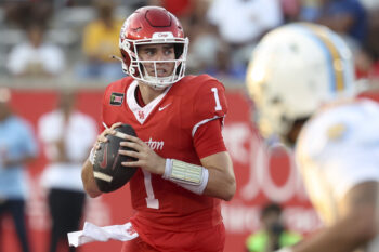 Sep 12, 2026; Houston, Texas, USA; Houston Cougars quarterback Conner Weigman (1) looks for an open receiver during the second quarter against the Southern University Jaguars at TDECU Stadium. Mandatory Credit: Troy Taormina-Imagn Images