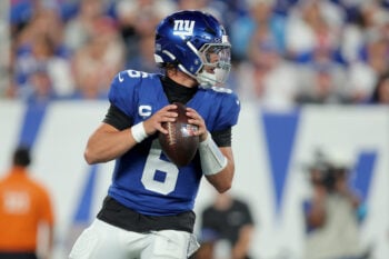 Sep 13, 2026; East Rutherford, New Jersey, USA; New York Giants quarterback Jaxson Dart (6) looks to pass against the Dallas Cowboys during the first quarter at MetLife Stadium. Mandatory Credit: Brad Penner-Imagn Images