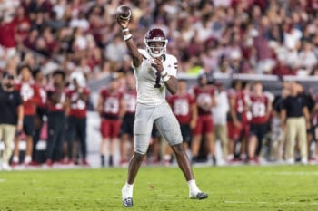 Sep 19, 2026; Columbia, South Carolina, USA;  Mississippi State Bulldogs quarterback Kamario Taylor (1) passes against the South Carolina Gamecocks in the second half at Williams-Brice Stadium.  Mandatory Credit: Jeff Blake-Imagn Images