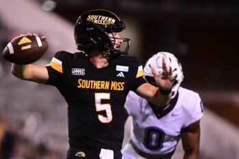 Southern Miss Golden Eagles quarterback Ethan Hampton (5) looks to pass during the college football game between the Southern Miss Golden Eagles and the UConn Huskies at Carlisle-Faulkner Field at Renasant Stadium in Hattiesburg. Photo by Matt Bush.