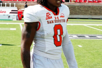 Sep 26, 2026; Lubbock, Texas, USA;  Sam Houston Bearkat wide receiver Darrick Bledsoe III (0) leaves the field after the game against the Texas Tech Red Raiders at Galaxy Stadium. Mandatory Credit: Michael C. Johnson-Imagn Images