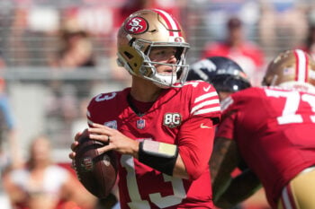 Oct 4, 2026; Santa Clara, California, USA; San Francisco 49ers quarterback Brock Purdy (13) drops back to pass against the Denver Broncos during the first quarter at Levi's Stadium. Mandatory Credit: Darren Yamashita-Imagn Images