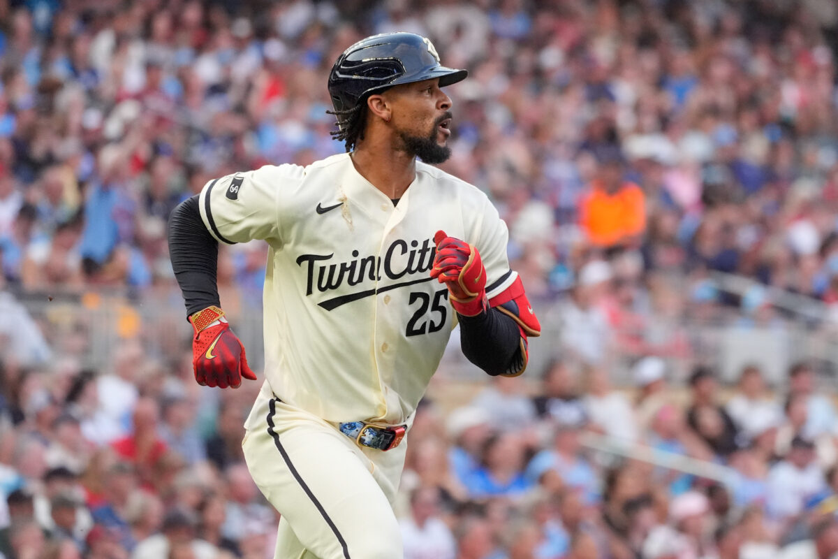 Jul 25, 2026; Minneapolis, Minnesota, USA; Minnesota Twins center fielder Byron Buxton (25) runs the bases against the Athletics in the fifth inning at Target Field. Mandatory Credit: Bruce Kluckhohn-Imagn Images