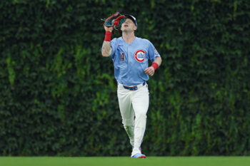 Aug 14, 2026; Chicago, Illinois, USA; Chicago Cubs center fielder Pete Crow-Armstrong (4) catches a fly ball hit by St. Louis Cardinals third baseman Cesar Prieto during the eight inning at Wrigley Field. Mandatory Credit: Kamil Krzaczynski-Imagn Images