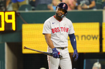 Sep 15, 2026; Arlington, Texas, USA; Boston Red Sox shortstop Andruw Monasterio (32) reacts after striking out during the eighth inning against the Texas Rangers at Globe Life Field. Mandatory Credit: Kevin Jairaj-Imagn Images