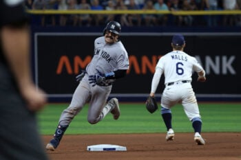 Oct 3, 2026; St. Petersburg, Florida, USA;  New York Yankees catcher Austin Wells (28) attempts to run to third base in the eighth inning against the Tampa Bay Rays in game one of the ALDS for the 2026 MLB Playoffs at Tropicana Field.  Mandatory Credit: Kim Klement Neitzel-Imagn Images