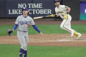 Oct 12, 2026; Milwaukee, Wisconsin, USA; Milwaukee Brewers first baseman Jake Bauers (9) hits an RBI single off of Los Angeles Dodgers pitcher Justin Wrobleski during the eighth inning of their National League Championship Series game  at American Family Field on Oct 12, 2026.   Mark HoffmanMandatory Credit: Mark Hoffman-USA TODAY Network via Imagn Images