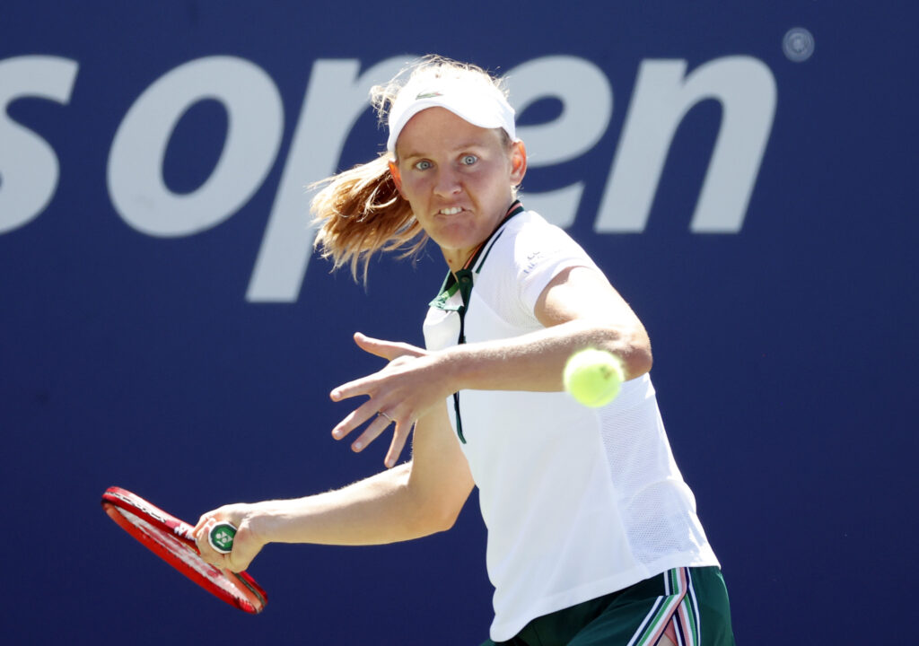 Sep 2, 2021; Flushing, NY, USA; Fiona Ferro of France hits a shot against Iga Swiatek of Poland in a second round match on day four of the 2021 U.S. Open tennis tournament at USTA Billie Jean King National Tennis Center. Mandatory Credit: Jerry Lai-Imagn Images