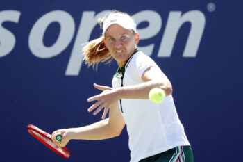 Sep 2, 2021; Flushing, NY, USA; Fiona Ferro of France hits a shot against Iga Swiatek of Poland in a second round match on day four of the 2021 U.S. Open tennis tournament at USTA Billie Jean King National Tennis Center. Mandatory Credit: Jerry Lai-Imagn Images
