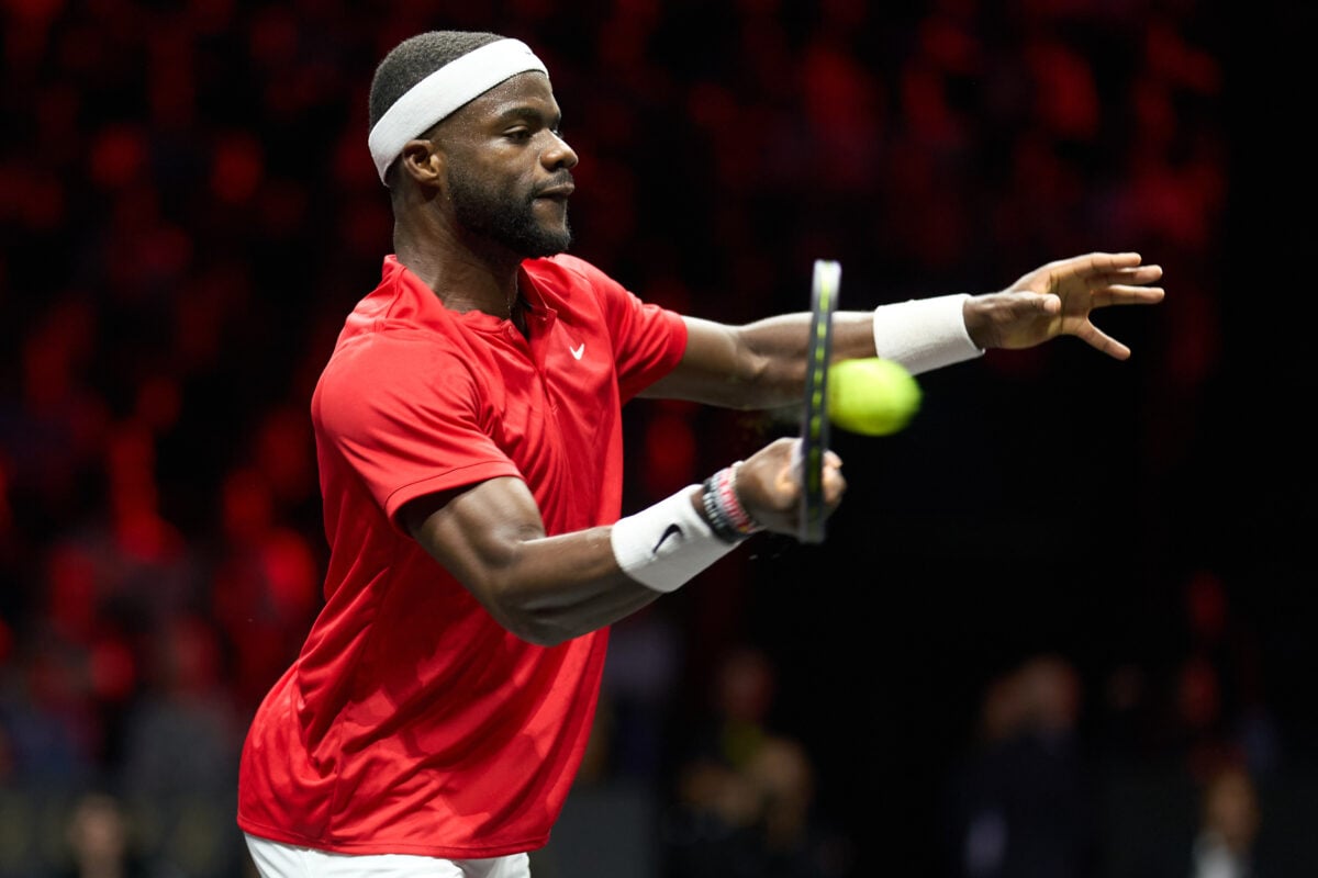 Sep 24, 2022; London, United Kingdom;Frances Tiafoe (USA) plays a shot against Novak Djokovic (SRB) in a Laver Cup singles match.  Mandatory Credit: Peter van den Berg-Imagn Images