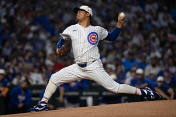 Jul 4, 2026; Chicago, Illinois, USA;  Chicago Cubs pitcher Shota Imanaga (18) delivers the ball during the first inning against the St. Louis Cardinals at Wrigley Field. Mandatory Credit: Matt Marton-Imagn Images