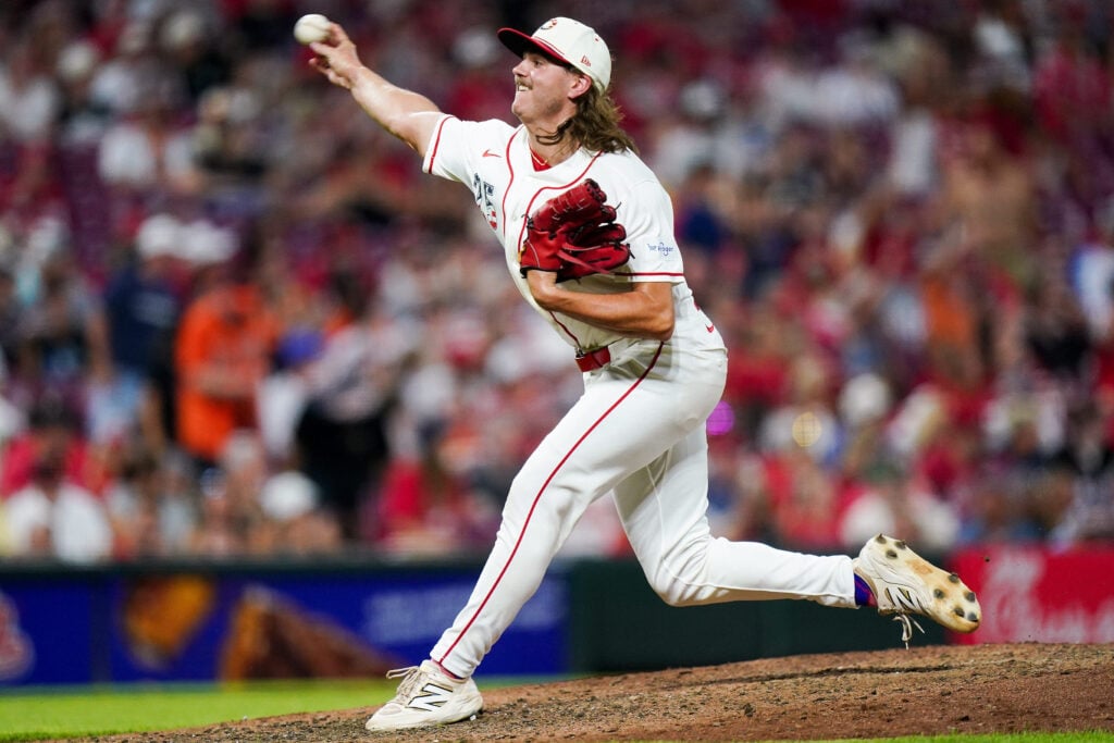Cincinnati Reds pitcher Rhett Lowder (25) throws a pitch in the seventh inning of a MLB game between the Cincinnati Reds and Baltimore Orioles, Saturday, July 4, 2026, at Great American Ball Park in downtown Cincinnati.