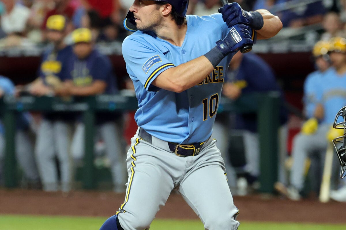 Jul 3, 2026; Phoenix, Arizona, USA; Milwaukee Brewers outfielder Sal Frelick against the Arizona Diamondbacks at Chase Field. Mandatory Credit: Mark J. Rebilas-Imagn Images