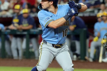 Jul 3, 2026; Phoenix, Arizona, USA; Milwaukee Brewers outfielder Sal Frelick against the Arizona Diamondbacks at Chase Field. Mandatory Credit: Mark J. Rebilas-Imagn Images