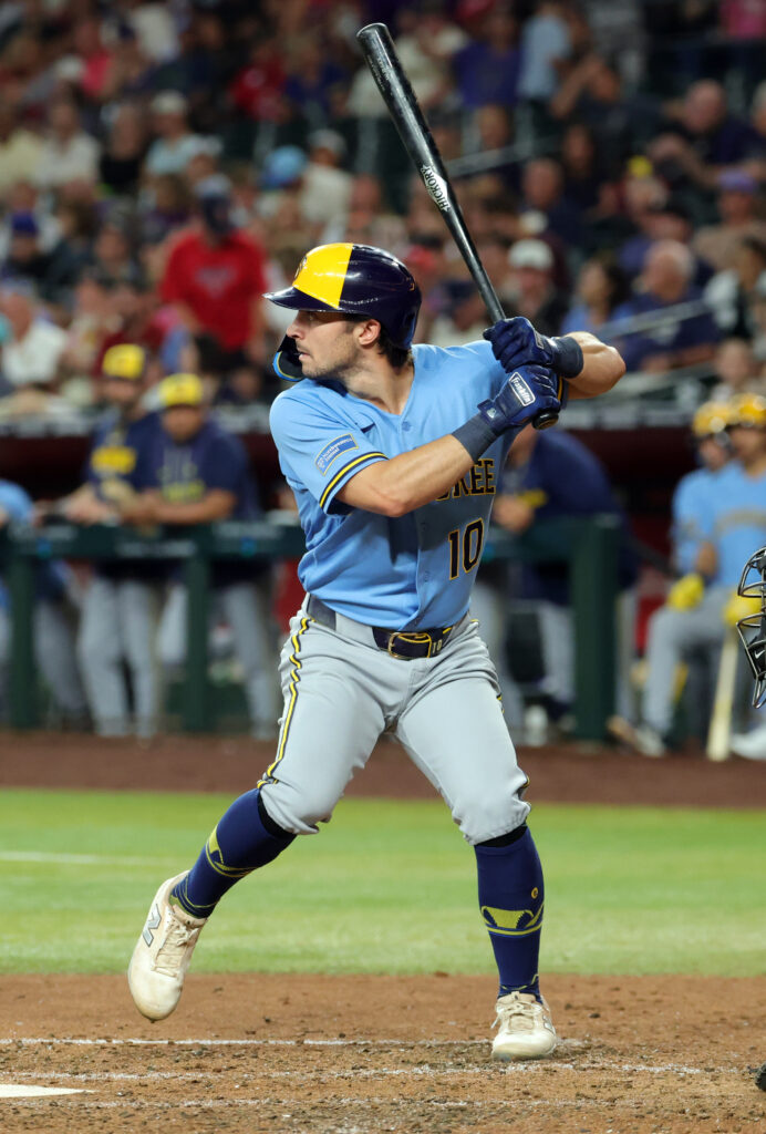 Jul 3, 2026; Phoenix, Arizona, USA; Milwaukee Brewers outfielder Sal Frelick against the Arizona Diamondbacks at Chase Field. Mandatory Credit: Mark J. Rebilas-Imagn Images