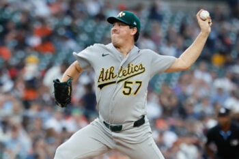 Jul 7, 2026; Detroit, Michigan, USA;  Athletics pitcher Jacob Lopez Jacob Lopez (57) pitches in the sixth inning against the Detroit Tigers at Comerica Park. Mandatory Credit: Rick Osentoski-Imagn Images