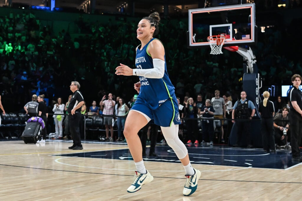 Jul 15, 2026; Minneapolis, Minnesota, USA; Minnesota Lynx guard Kayla McBride (21) reacts after the game against the Los Angeles Sparks at Target Center. Mandatory Credit: Jeffrey Becker-Imagn Images