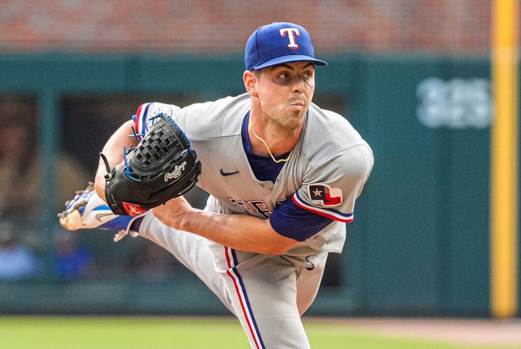 Jul 18, 2026; Cumberland, Georgia, USA; Texas Rangers pitcher MacKenzie Gore (1) pitches against the Atlanta Braves during the first inning at Truist Park. Mandatory Credit: Dale Zanine-Imagn Images