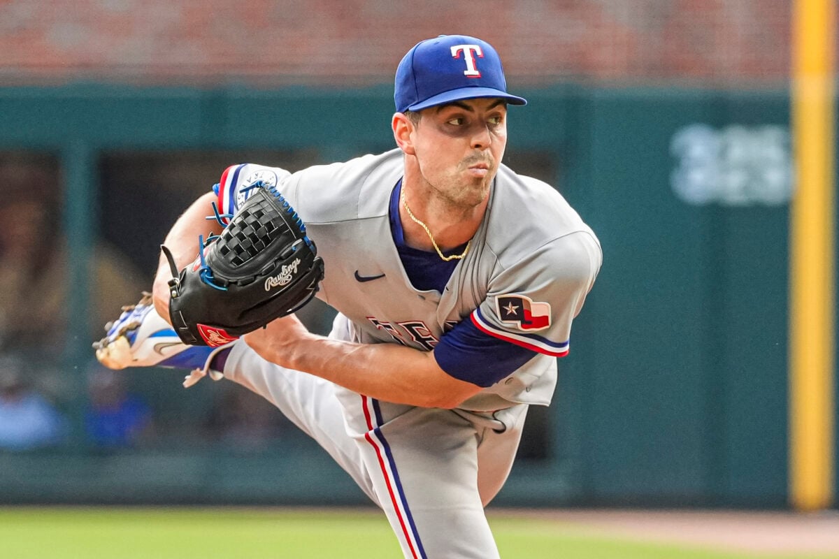 Jul 18, 2026; Cumberland, Georgia, USA; Texas Rangers pitcher MacKenzie Gore (1) pitches against the Atlanta Braves during the first inning at Truist Park. Mandatory Credit: Dale Zanine-Imagn Images