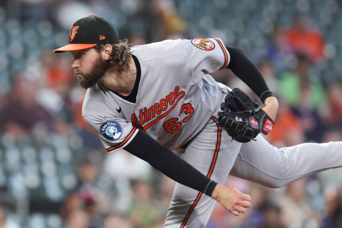 Jul 19, 2026; Houston, Texas, USA; Baltimore Orioles starting pitcher Brandon Young (63) delivers a pitch during the first inning against the Houston Astros at Daikin Park. Mandatory Credit: Troy Taormina-Imagn Images