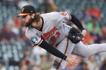 Jul 19, 2026; Houston, Texas, USA; Baltimore Orioles starting pitcher Brandon Young (63) delivers a pitch during the first inning against the Houston Astros at Daikin Park. Mandatory Credit: Troy Taormina-Imagn Images