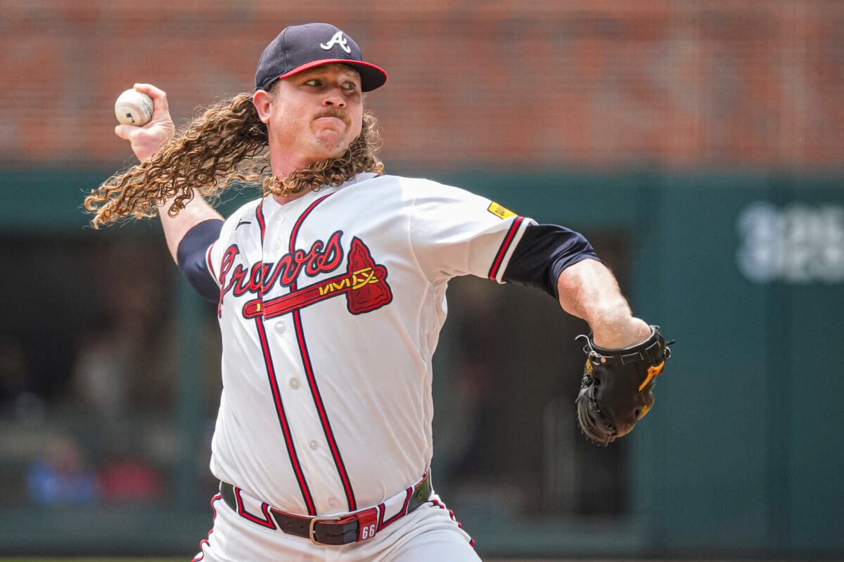 Jul 19, 2026; Cumberland, Georgia, USA; Atlanta Braves pitcher Grant Holmes (66) pitches against the Texas Rangers during the first inning at Truist Park. Mandatory Credit: Dale Zanine-Imagn Images