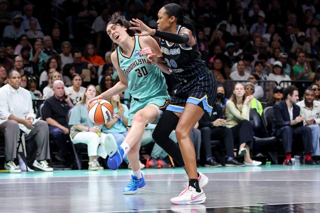 Jul 22, 2026; Brooklyn, New York, USA;  New York Liberty forward Breanna Stewart (30) drives past Chicago Sky forward-center Azura¡ Stevens (30) in the third quarter at Barclays Center. Mandatory Credit: Wendell Cruz-Imagn Images