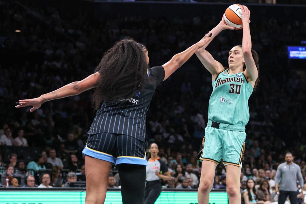 Jul 22, 2026; Brooklyn, New York, USA;  New York Liberty forward Breanna Stewart (30) shoots past Chicago Sky center Kamilla Cardoso (10) in the fourth quarter at Barclays Center. Mandatory Credit: Wendell Cruz-Imagn Images