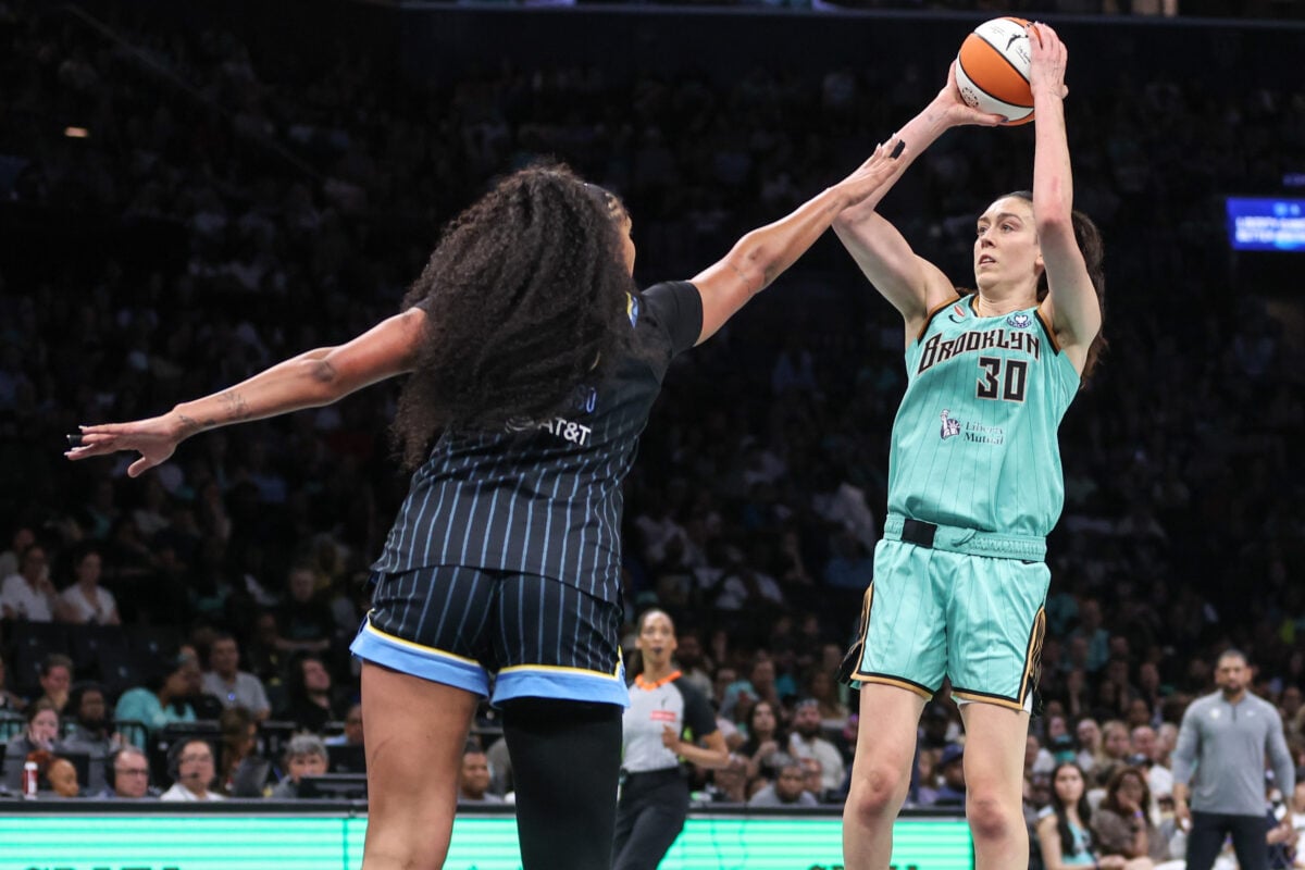 Jul 22, 2026; Brooklyn, New York, USA;  New York Liberty forward Breanna Stewart (30) shoots past Chicago Sky center Kamilla Cardoso (10) in the fourth quarter at Barclays Center. Mandatory Credit: Wendell Cruz-Imagn Images