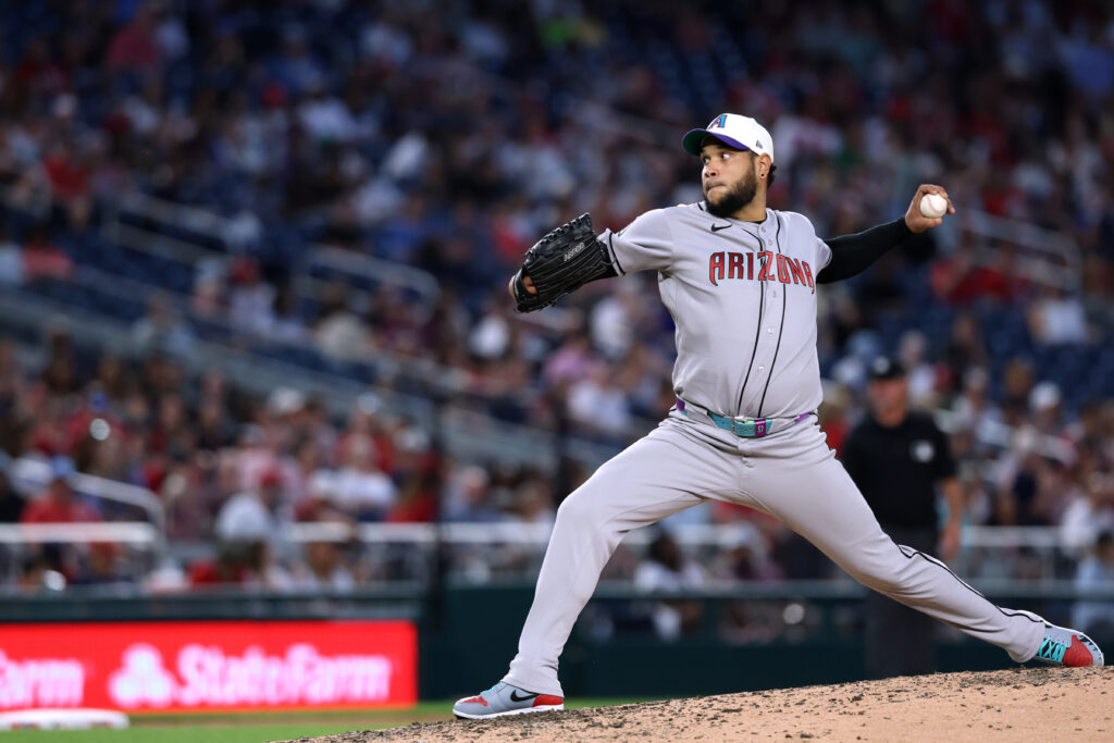 Jul 24, 2026; Washington, District of Columbia, USA; Arizona Diamondbacks pitcher Eduardo Rodriguez (57) pitches /Wednesday/ during the sixth inning at Nationals Park. Mandatory Credit: Geoff Burke-Imagn Images
