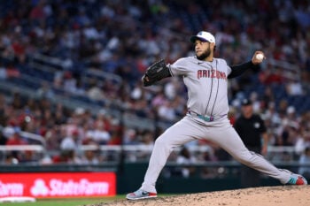 Jul 24, 2026; Washington, District of Columbia, USA; Arizona Diamondbacks pitcher Eduardo Rodriguez (57) pitches /Wednesday/ during the sixth inning at Nationals Park. Mandatory Credit: Geoff Burke-Imagn Images