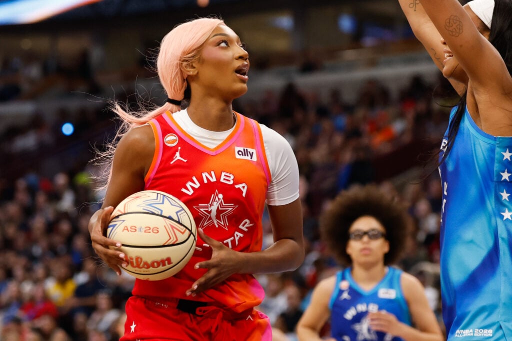 Jul 25, 2026; Chicago, Illinois, USA; Team Coop forward Angel Reese (5) drives the ball in the first half against Team Spoon during the 2026 WNBA All Star Game at United Center. Mandatory Credit: Kamil Krzaczynski-Imagn Images