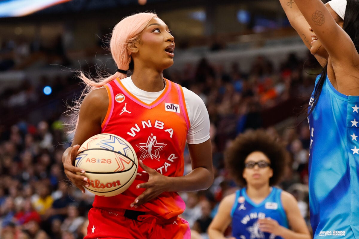 Jul 25, 2026; Chicago, Illinois, USA; Team Coop forward Angel Reese (5) drives the ball in the first half against Team Spoon during the 2026 WNBA All Star Game at United Center. Mandatory Credit: Kamil Krzaczynski-Imagn Images