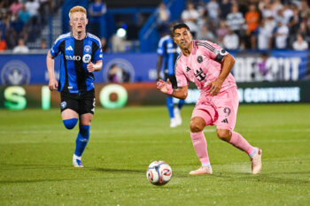 Jul 25, 2026; Montreal, Province of Quebec, CAN; Inter Miami CF forward Luis Suarez (9) plays the ball against CF Montreal during the second half at Saputo Stadium. Mandatory Credit: David Kirouac-Imagn Images