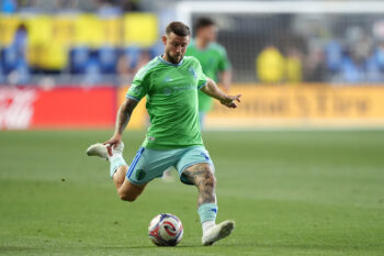 Jul 25, 2026; Chester, Pennsylvania, USA; Seattle Sounders FC forward Paul Arriola (17) passes the ball against the Philadelphia Union in the second half at Subaru Park. Mandatory Credit: Kyle Ross-Imagn Images