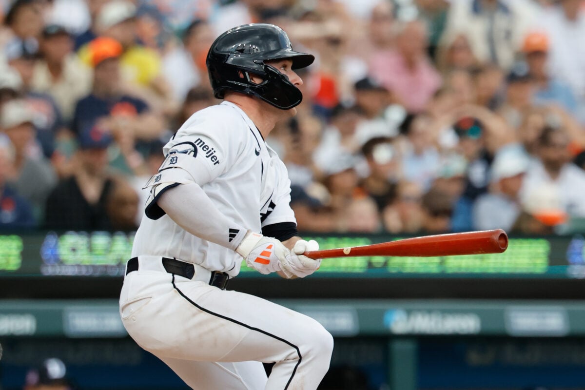Jul 26, 2026; Detroit, Michigan, USA;  Detroit Tigers shortstop Kevin McGonigle (7) hits a single in the fifth inning against the Kansas City Royals at Comerica Park. Mandatory Credit: Rick Osentoski-Imagn Images