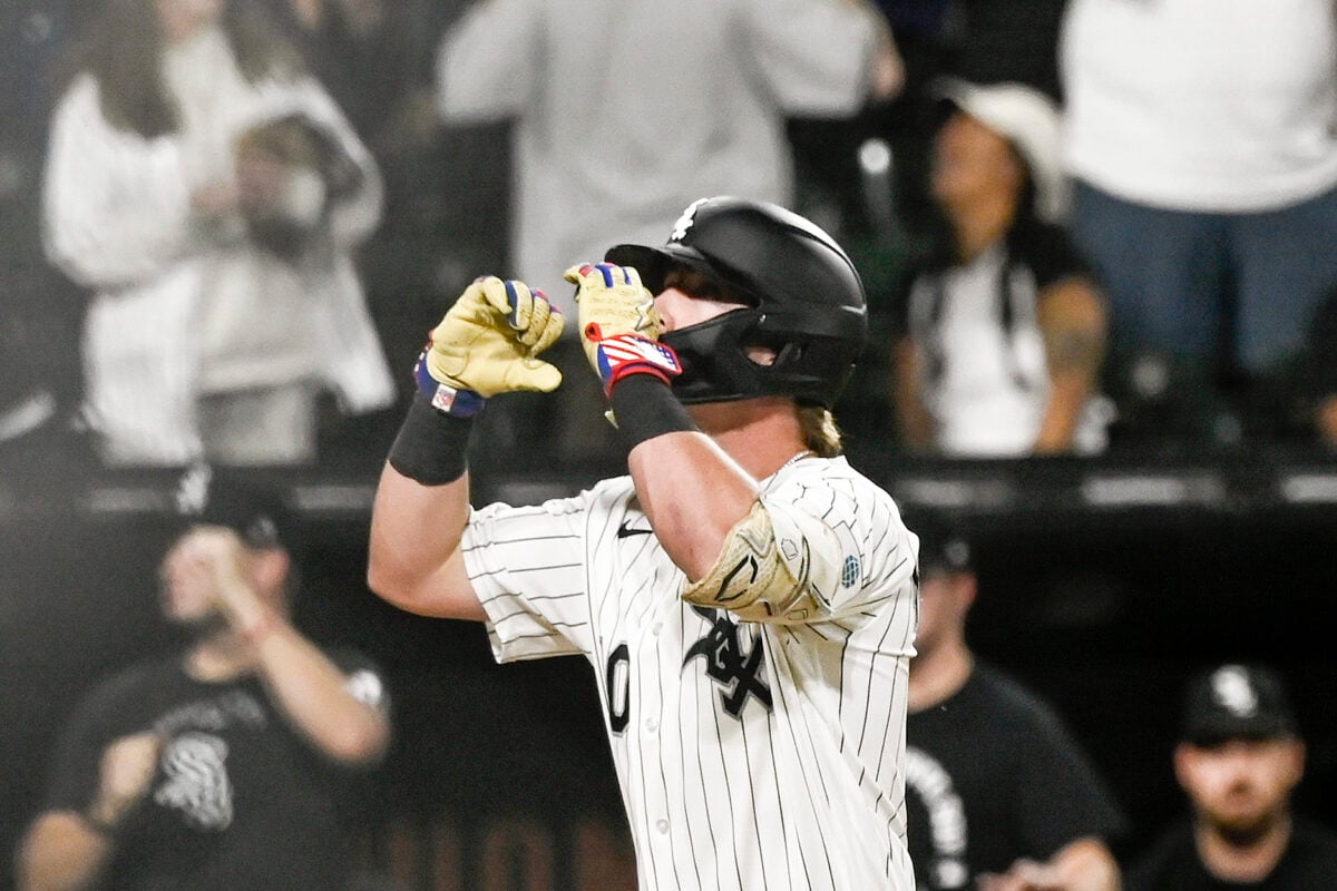 Jul 28, 2026; Chicago, Illinois, USA;  Chicago White Sox second baseman Chase Meidroth (10) points after hitting a two run home run  during the ninth inning against the New York Yankees at Rate Field. Mandatory Credit: Matt Marton-Imagn Images