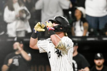 Jul 28, 2026; Chicago, Illinois, USA;  Chicago White Sox second baseman Chase Meidroth (10) points after hitting a two run home run  during the ninth inning against the New York Yankees at Rate Field. Mandatory Credit: Matt Marton-Imagn Images