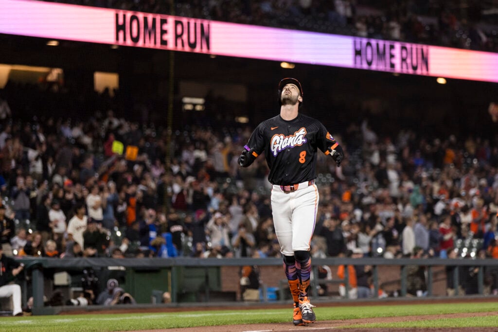Jul 28, 2026; San Francisco, California, USA;  San Francisco Giants designated hitter Bryce Eldridge (8) runs the bases after hitting a two-run home run against the Milwaukee Brewers during the eighth inning at Oracle Park. Mandatory Credit: John Hefti-Imagn Images