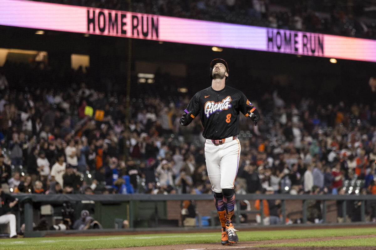 Jul 28, 2026; San Francisco, California, USA;  San Francisco Giants designated hitter Bryce Eldridge (8) runs the bases after hitting a two-run home run against the Milwaukee Brewers during the eighth inning at Oracle Park. Mandatory Credit: John Hefti-Imagn Images
