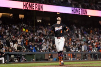 Jul 28, 2026; San Francisco, California, USA;  San Francisco Giants designated hitter Bryce Eldridge (8) runs the bases after hitting a two-run home run against the Milwaukee Brewers during the eighth inning at Oracle Park. Mandatory Credit: John Hefti-Imagn Images