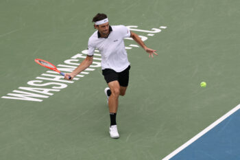 Jul 29, 2026; Washington, D.C., USA; Taylor Fritz (USA) hits a forehand against Kamil Majchrzak (POL) (not pictured) on day three of the 2026 Mubadala DC Open at Rock Creek Park Tennis Center. Mandatory Credit: Geoff Burke-Imagn Images