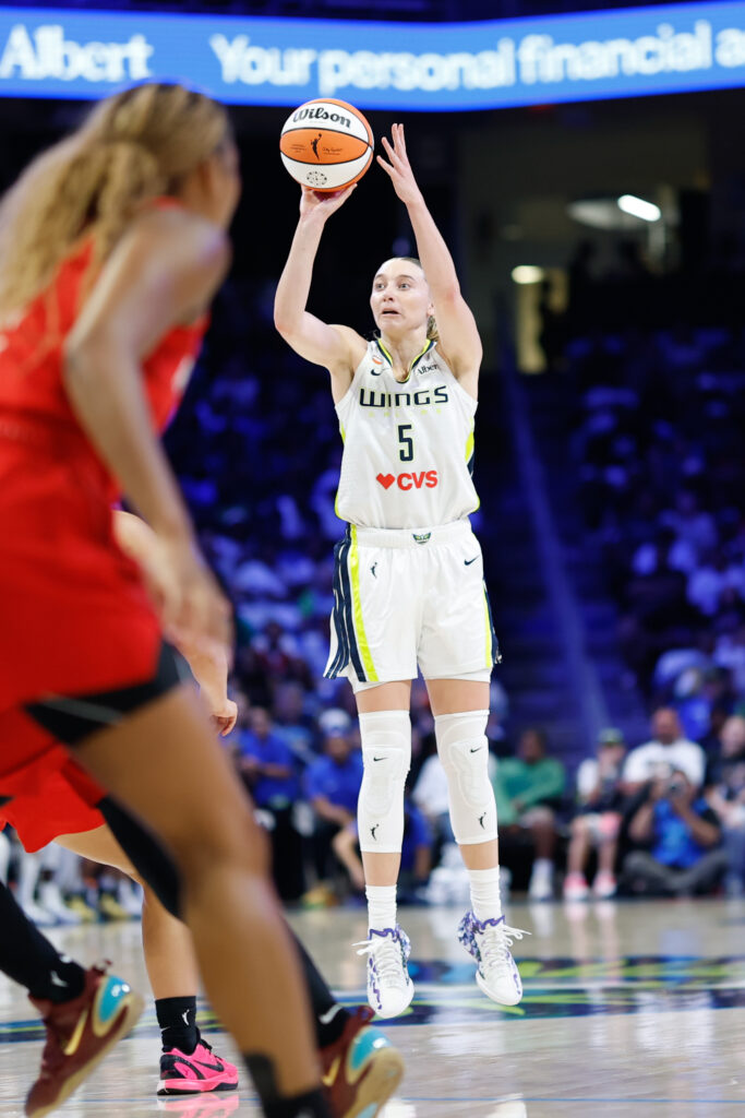 Jul 29, 2026; Arlington, Texas, USA;  Dallas Wings guard Paige Bueckers (5) shoots against the Atlanta Dream during the first half at College Park Center. Mandatory Credit: Chris Jones-Imagn Images