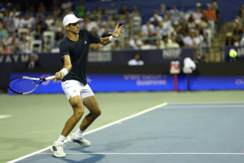 Jul 29, 2026; Washington, D.C., USA; Rafael Jodar (ESP) hits a forehand against Kei Nishikori (JPN) (not pictured) on day three of the 2026 Mubadala DC Open at Rock Creek Park Tennis Center. Mandatory Credit: Geoff Burke-Imagn Images