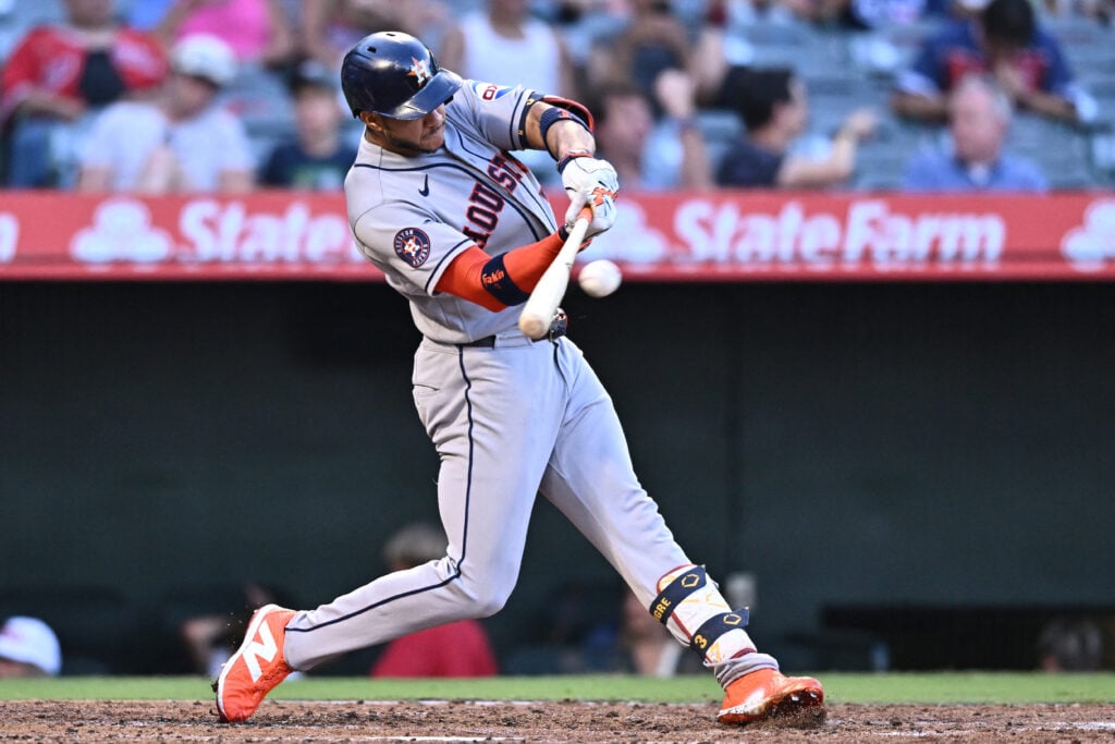 Jul 29, 2026; Anaheim, California, USA; Houston Astros shortstop Jeremy Pena (3) hits a home run during the third inning against the Los Angeles Angels at Angel Stadium. Mandatory Credit: William Liang-Imagn Images