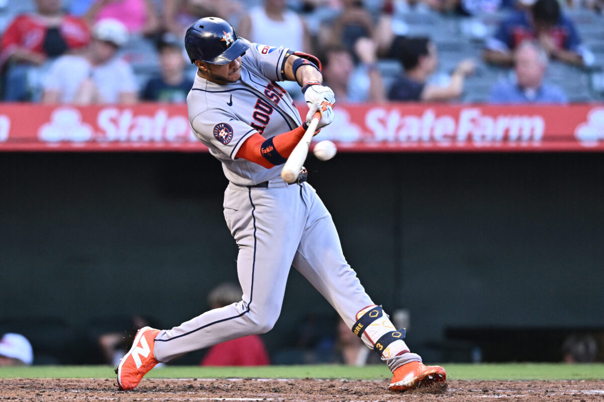 Jul 29, 2026; Anaheim, California, USA; Houston Astros shortstop Jeremy Pena (3) hits a home run during the third inning against the Los Angeles Angels at Angel Stadium. Mandatory Credit: William Liang-Imagn Images